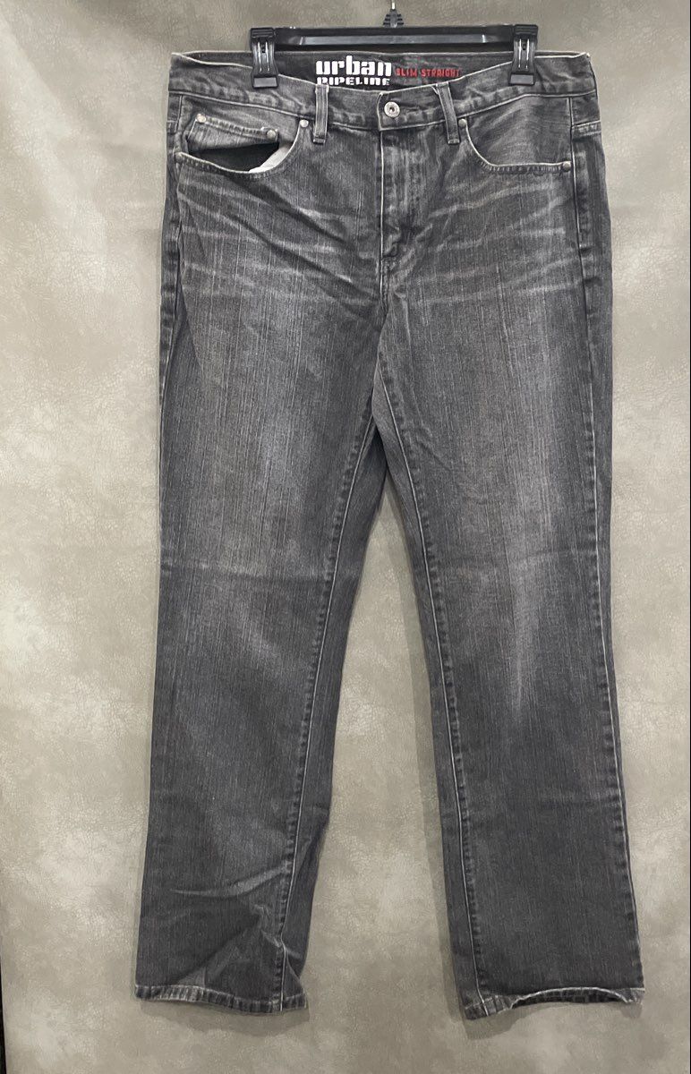 Urban Pipeline Men's Grey Slim Straight Faded Washed Cotton Jeans Size 34x34