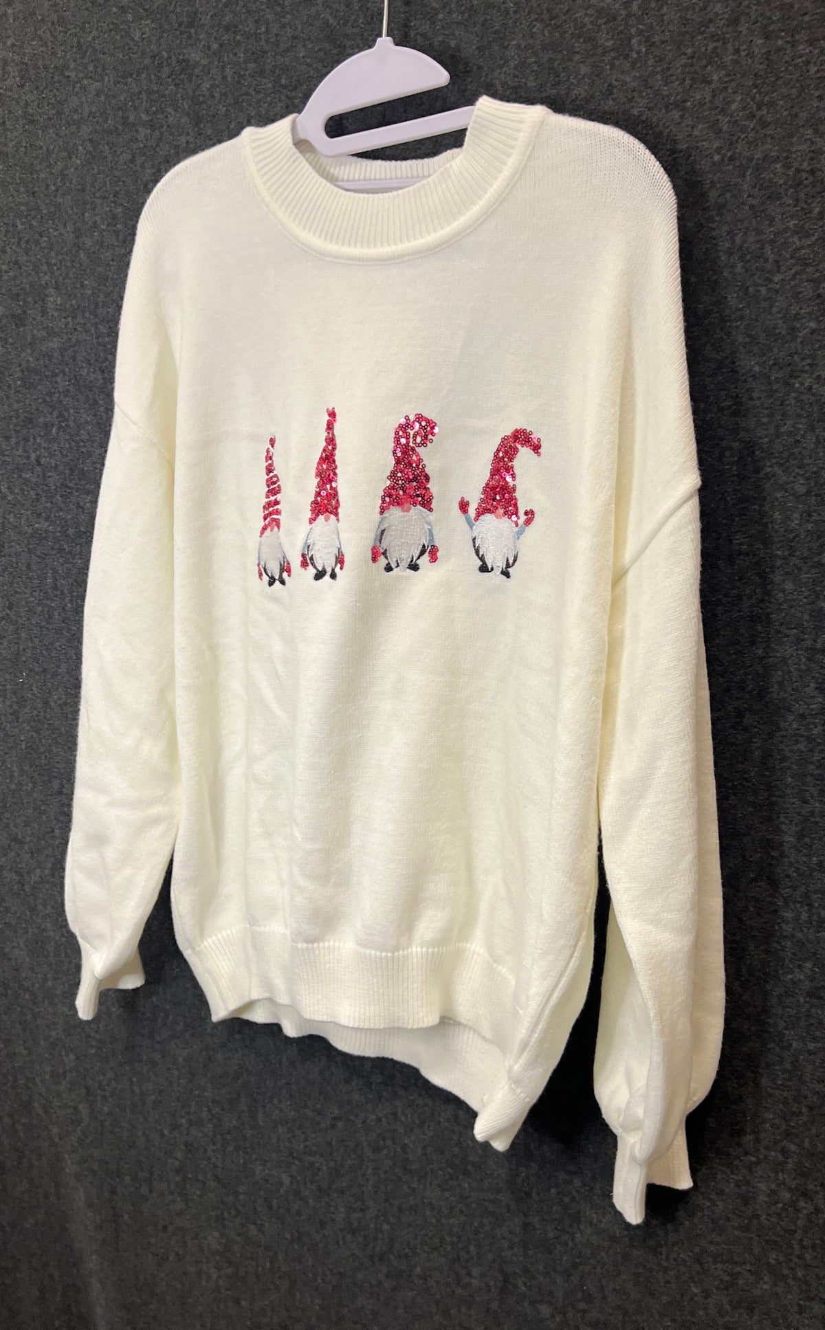 WHY DRESS Women's White Sequin Gnome Graphic Crewneck Sweater NWT Sz M