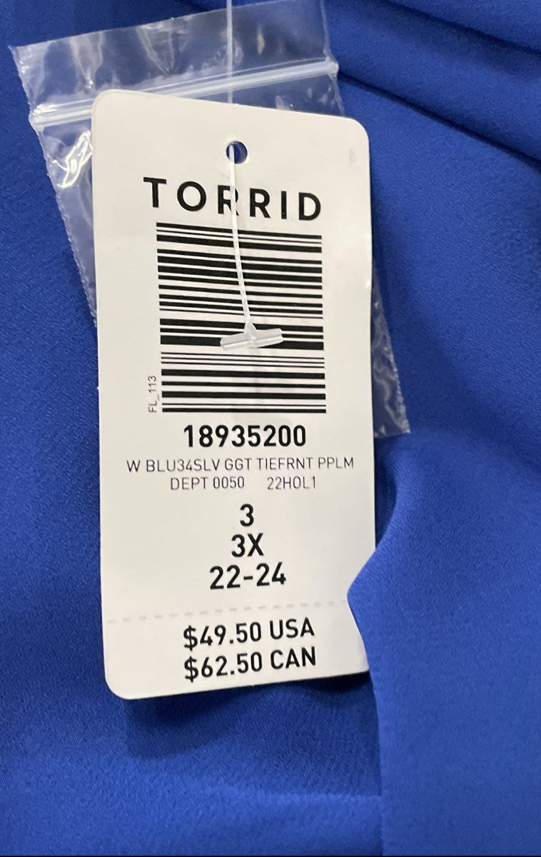 Torrid Women's Royal Blue Georgette Tie Front Peplum Blouse Size 3 3X NWT
