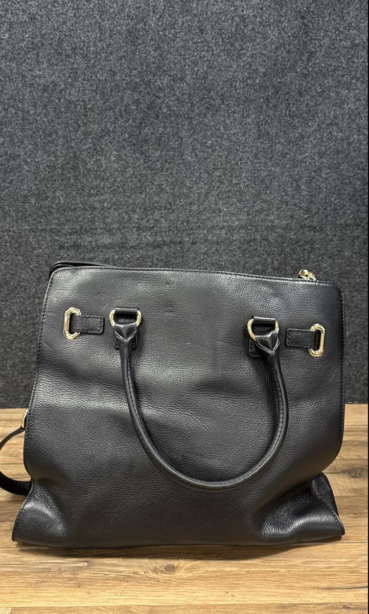 Michael Kors Black Pebbled Leather Hamilton Satchel Tote Bag Gold Hardware