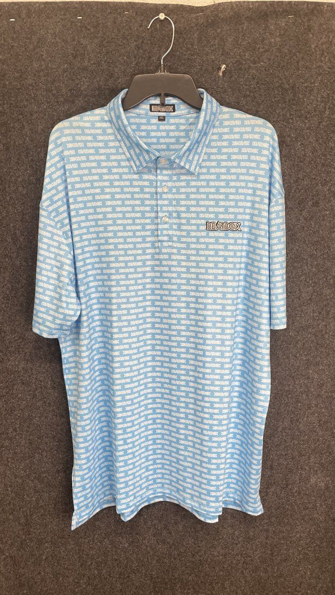 Beatbox Men's Polo Shirt Light Blue All Over Logo Print Short Sleeve Sz 2XL