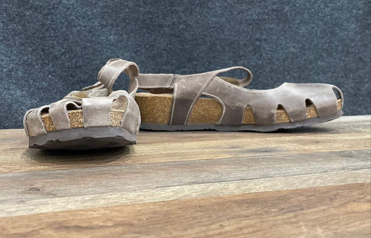 Sabatin Brown Leather Closed Toe Cork Wedge Mary Jane Slides Size 42