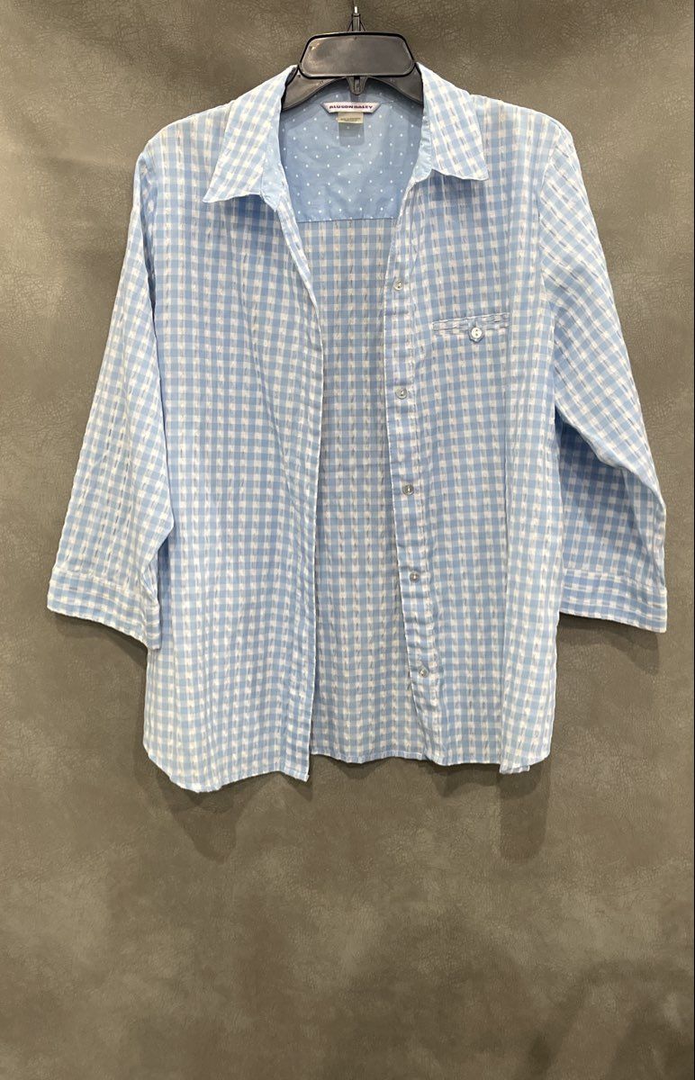 Allison Daley Women's Blue White Gingham Textured 3/4 Sleeve Button Up Shirt 14