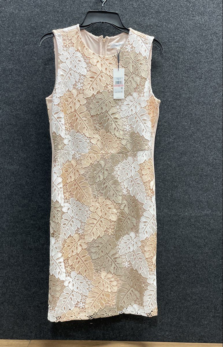 Calvin Klein Women's Pink Gold White Lace Leaf Sheath Dress Size 10 NWT