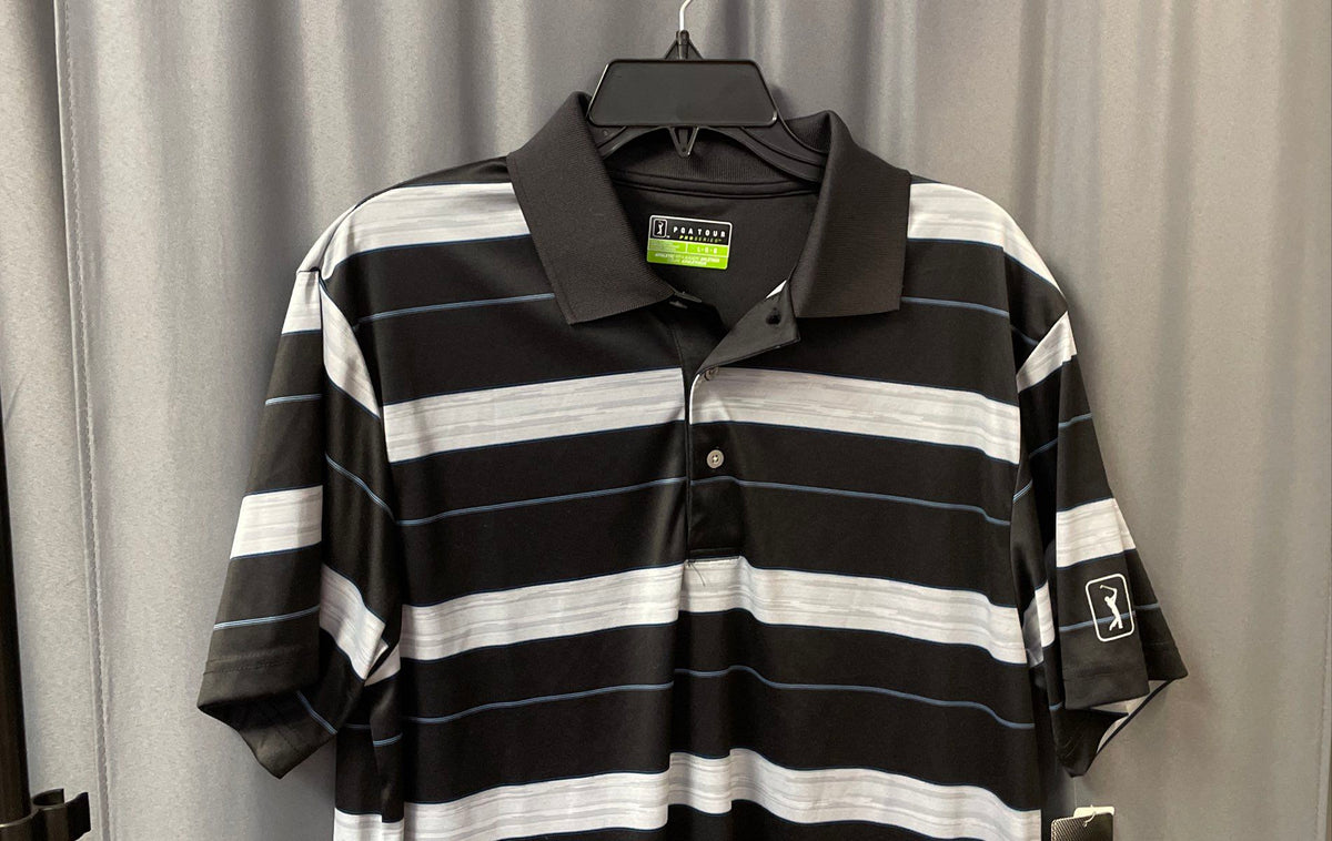 PGA Tour Men's Pro Series Golf Polo Shirt Caviar Black Gray Striped Sz L NWT