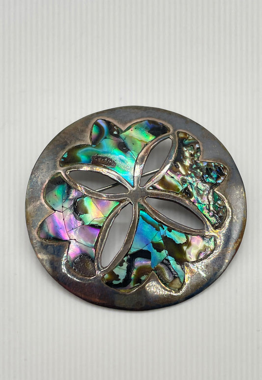 925 Sterling Silver Abalone Taxco Mexico Pendant Brooch W/ Mixed Metal Back 7.5g