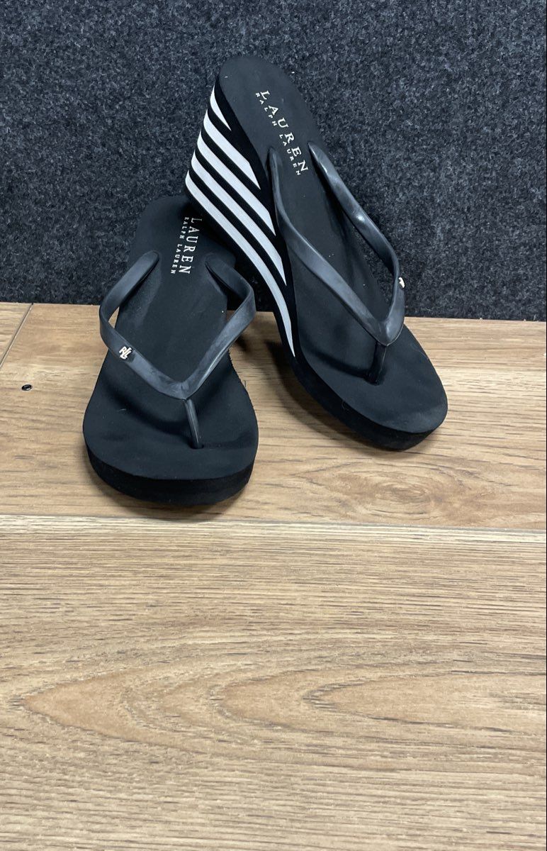 Lauren Ralph Lauren Black White Striped Wedge Flip Flop Sandals Women's Size 9