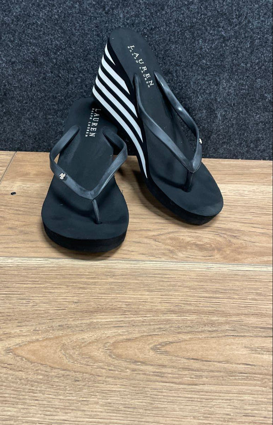 Lauren Ralph Lauren Black White Striped Wedge Flip Flop Sandals Women's Size 9