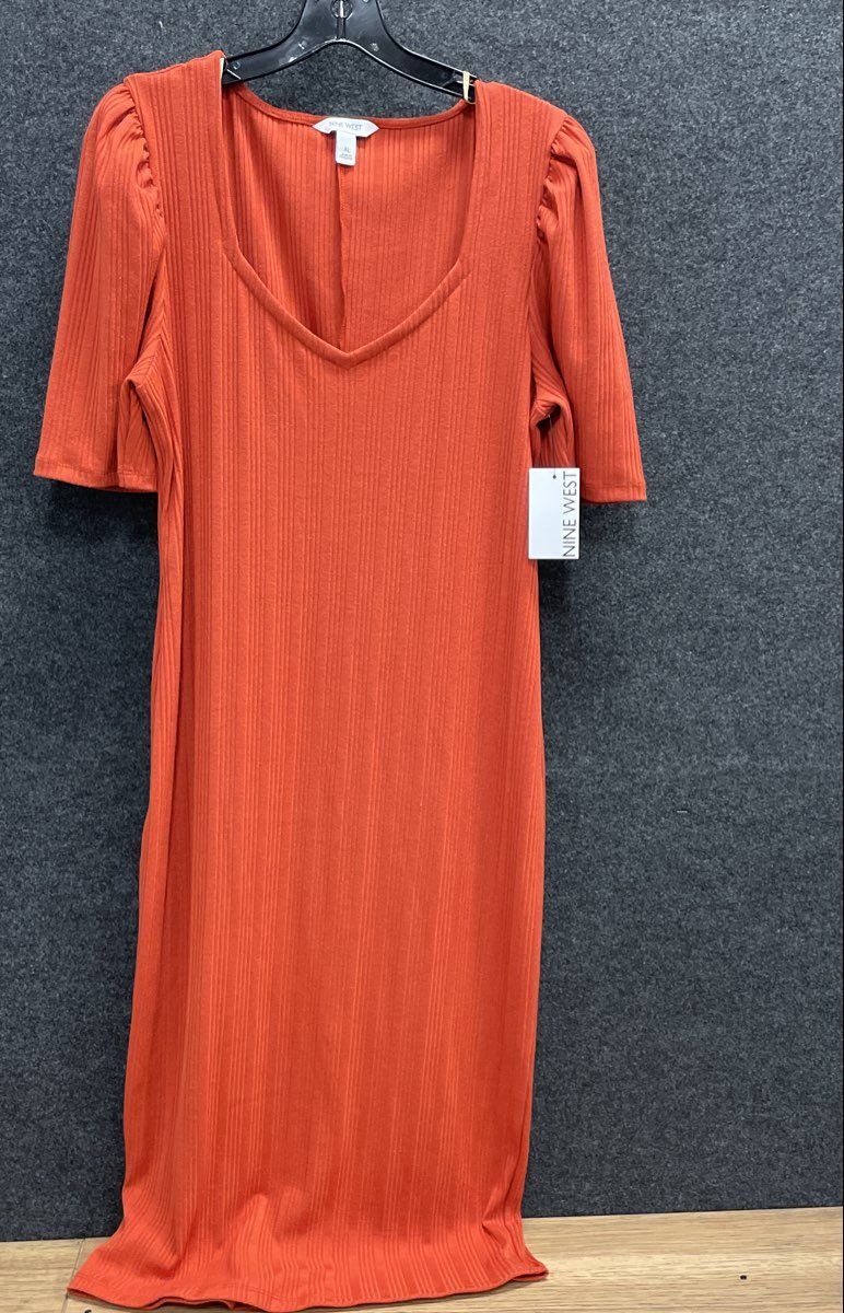 Nine West Women's Burnt Orange Ribbed Knit Midi Dress Puff Sleeve NWT XL