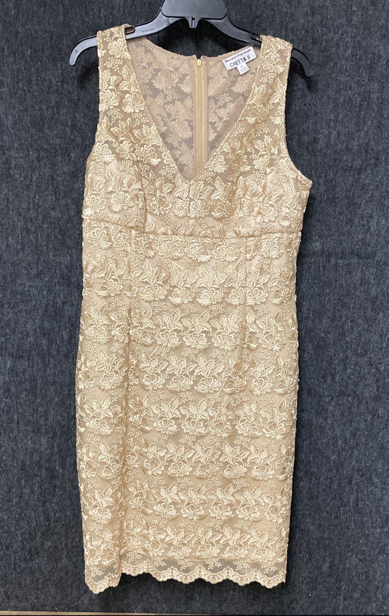 Chetta B Women's Gold Floral Lace Sleeveless Sheath Cocktail Dress Sz 14