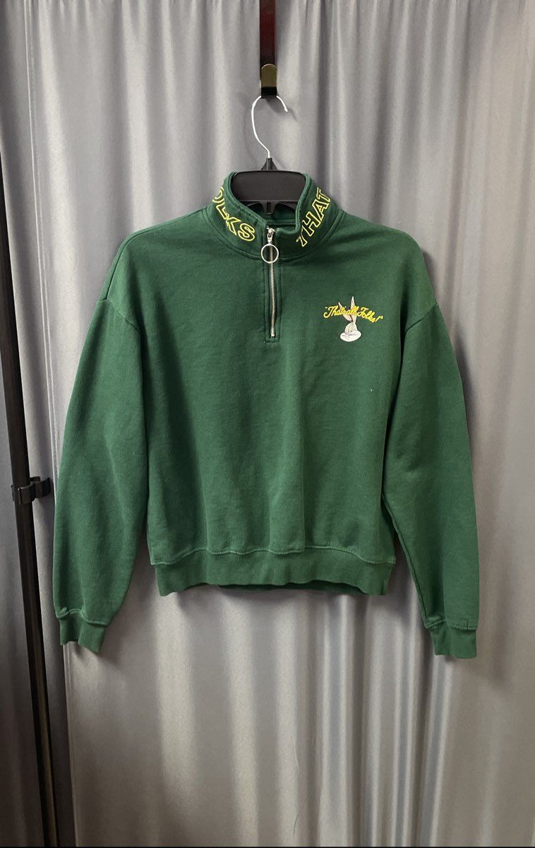Looney Tunes Green 1/4 Zip Sweatshirt That's All Folks Graphic Sz Small