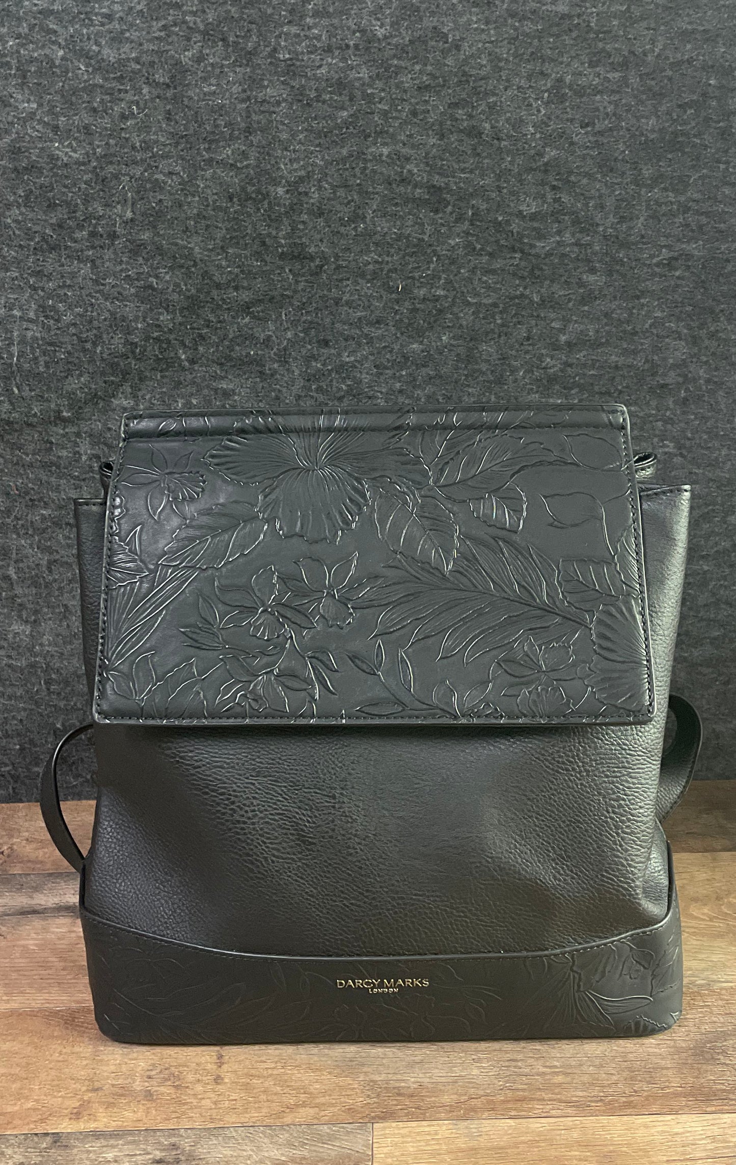 Darcy Marks Black Floral Embossed Pebbled Leather Backpack Handbag Gold Hardware