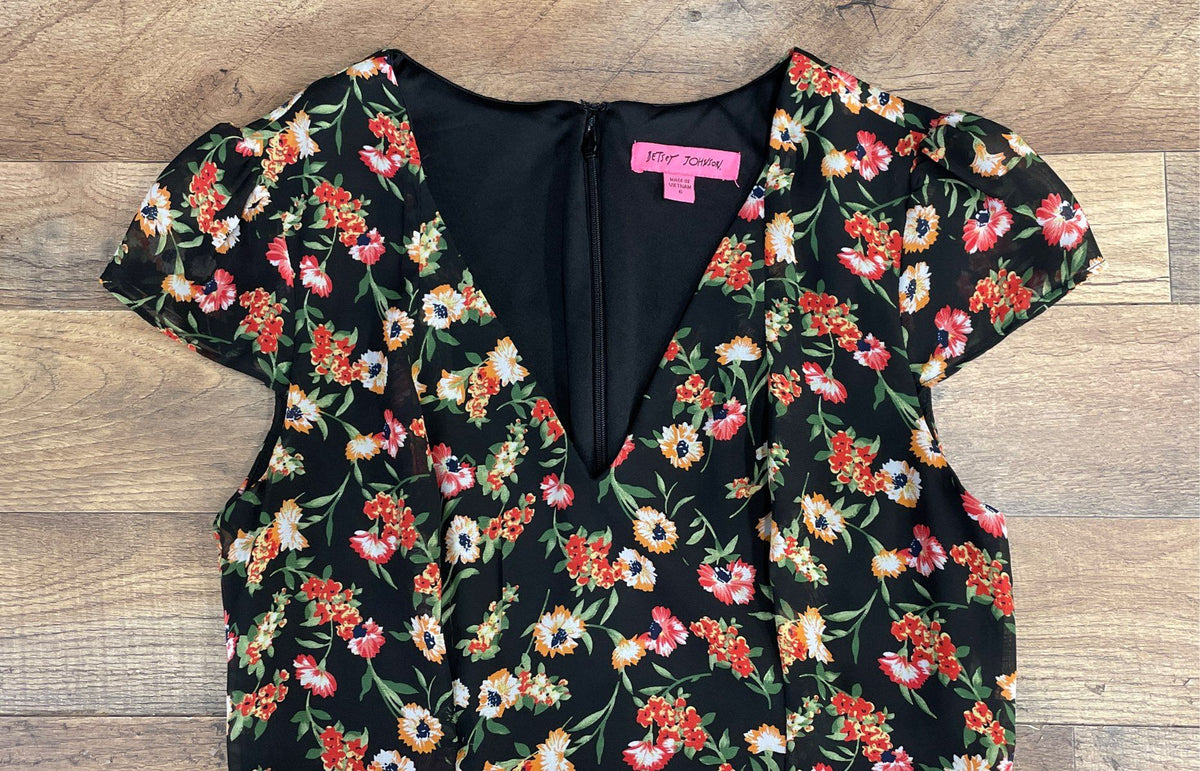 Betsey Johnson Women's Black Floral V-Neck Fit & Flare Mini Dress Size 6