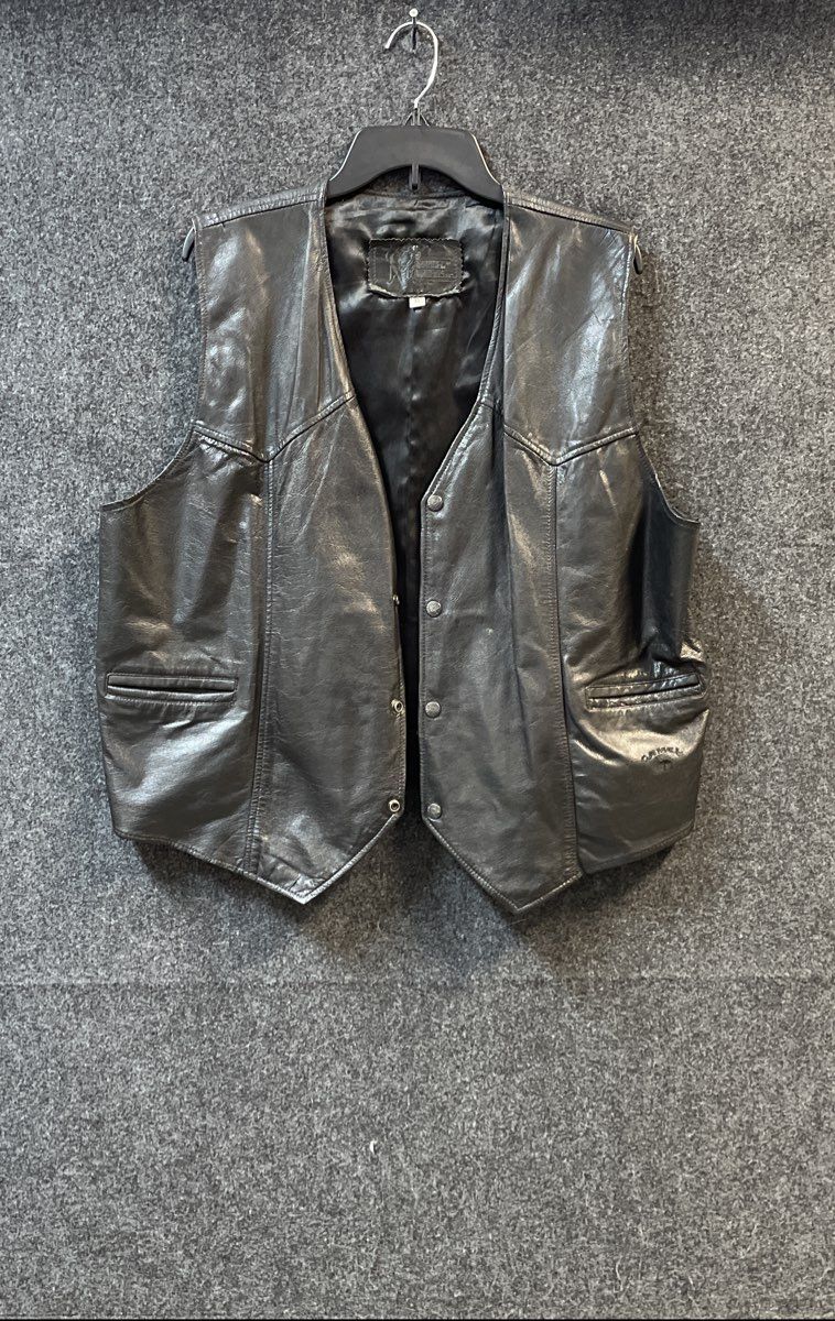 Vintage 90s Branded Garments Men's Black Leather Snap Front Camel Vest Sz XL