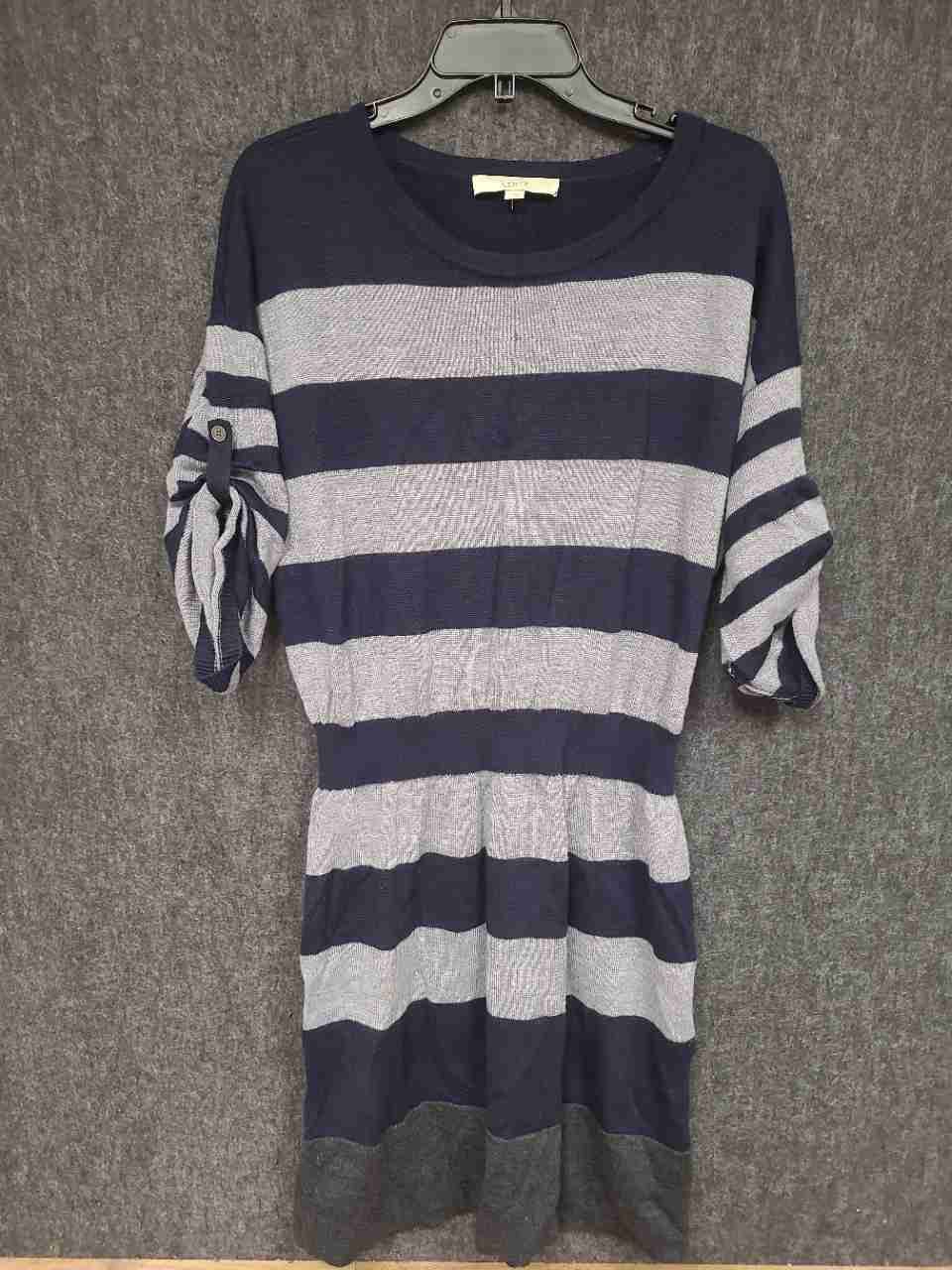 Loft Women's Knit Dress Navy Gray Striped Merino Wool Tab Sleeve Size L