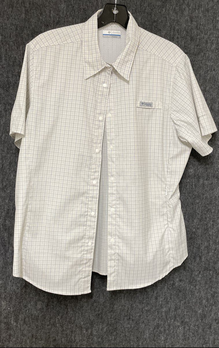 Columbia Men's PFG Tan Blue Plaid Short Sleeve Vented Fishing Shirt Size L