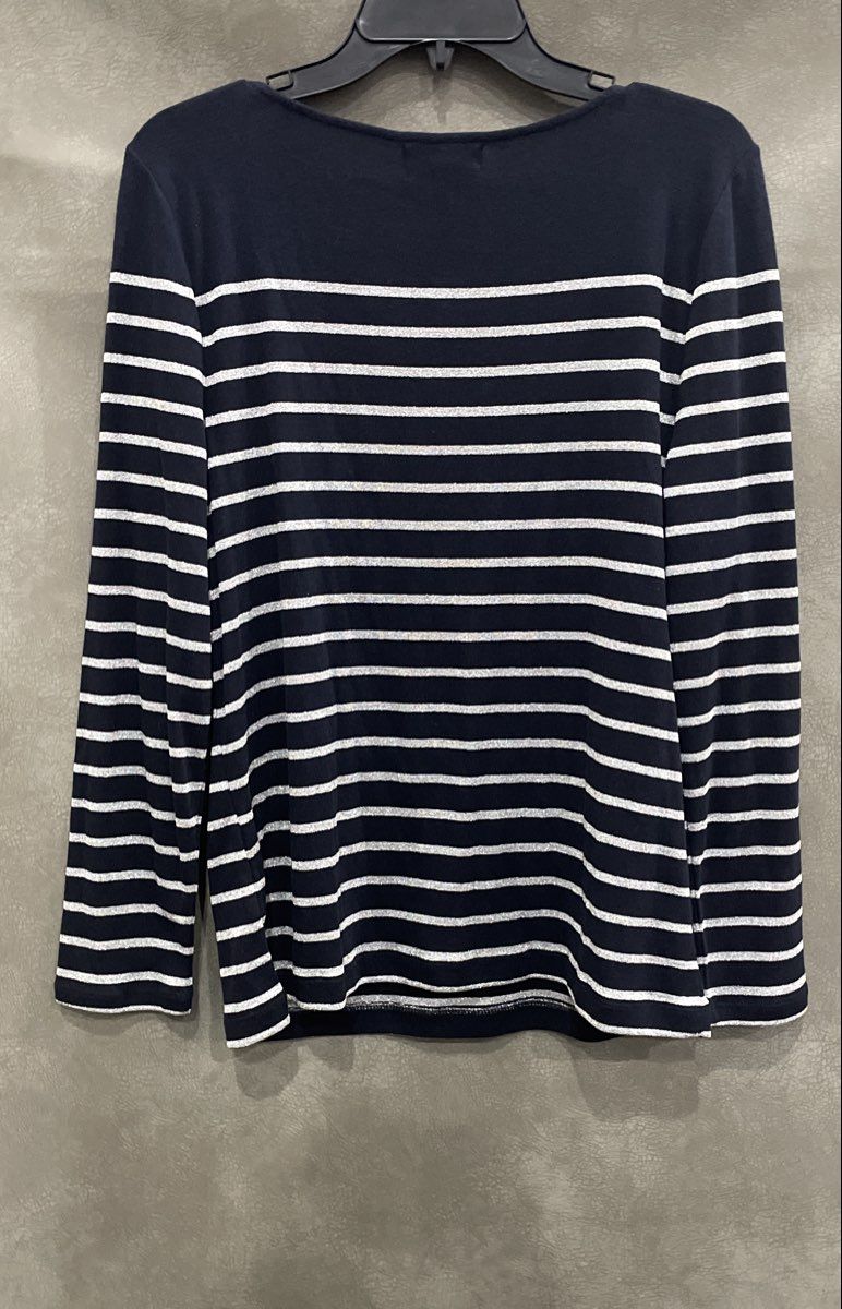 Chaps Women's Petite Blue Silver Metallic Striped Square Neck Top NWT Sz PXL