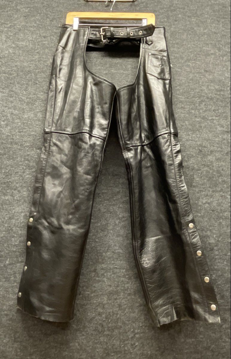 Leather King Men's Black Leather Motorcycle Chaps Belted Zippered Side XL