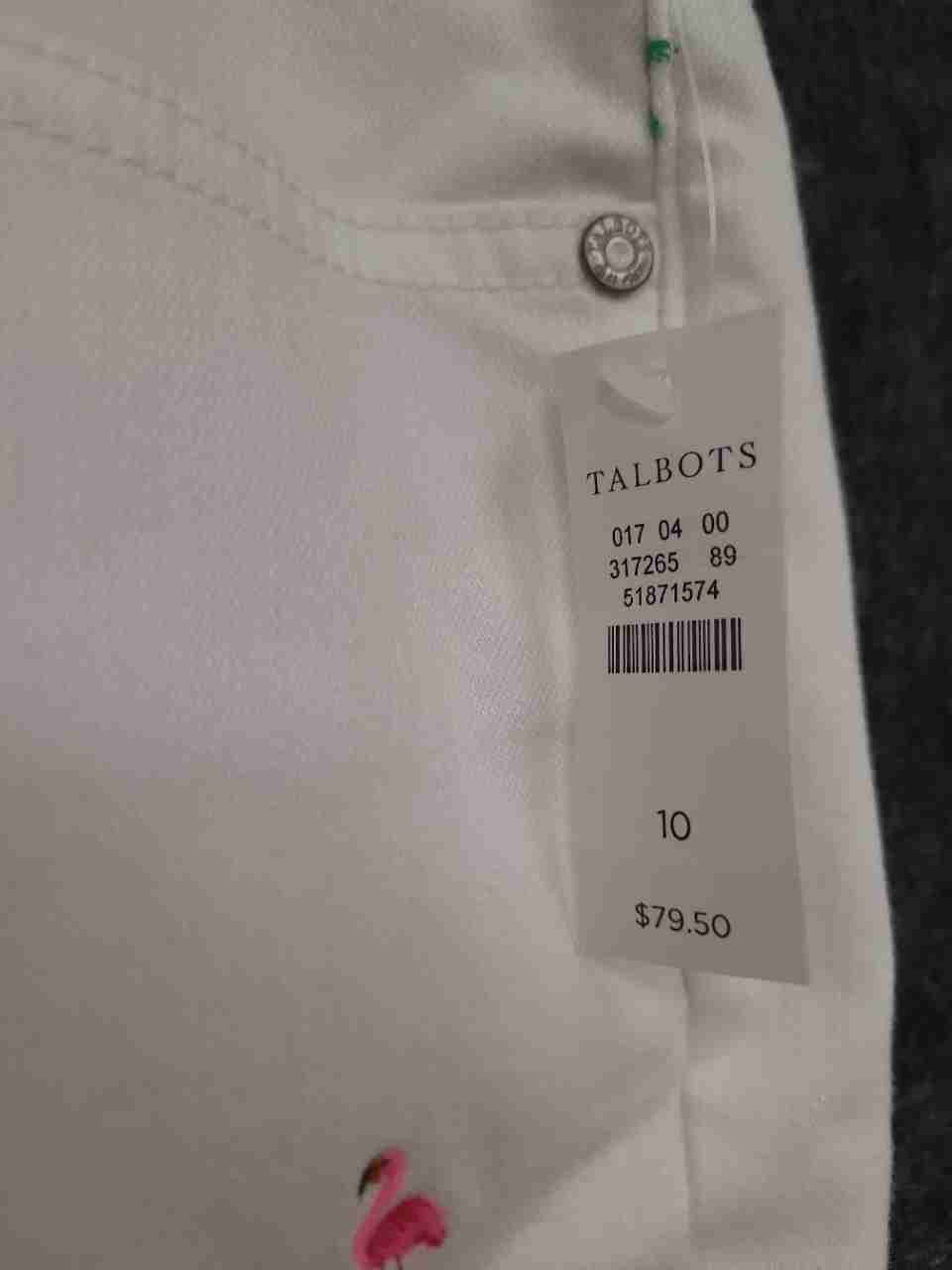 Talbots Women's White Denim Shorts Embroidered Flamingo Palm Raw Hem Sz 10 NWT