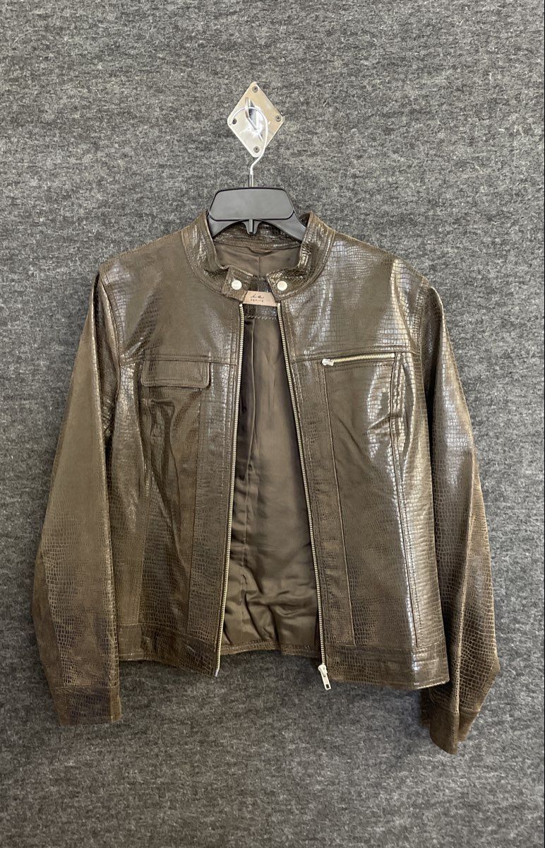 i.e. Petite Women's Brown Croc Embossed Leather Moto Cafe Racer Jacket Sz PL