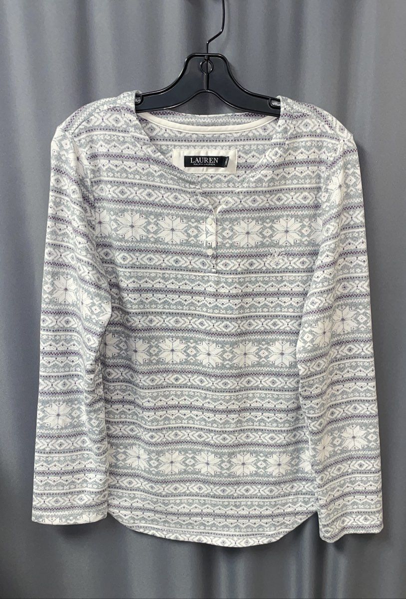 Women's White/Purple/Grey Lauren Ralph Lauren Long Sleeve Pajama Shirt - Size M