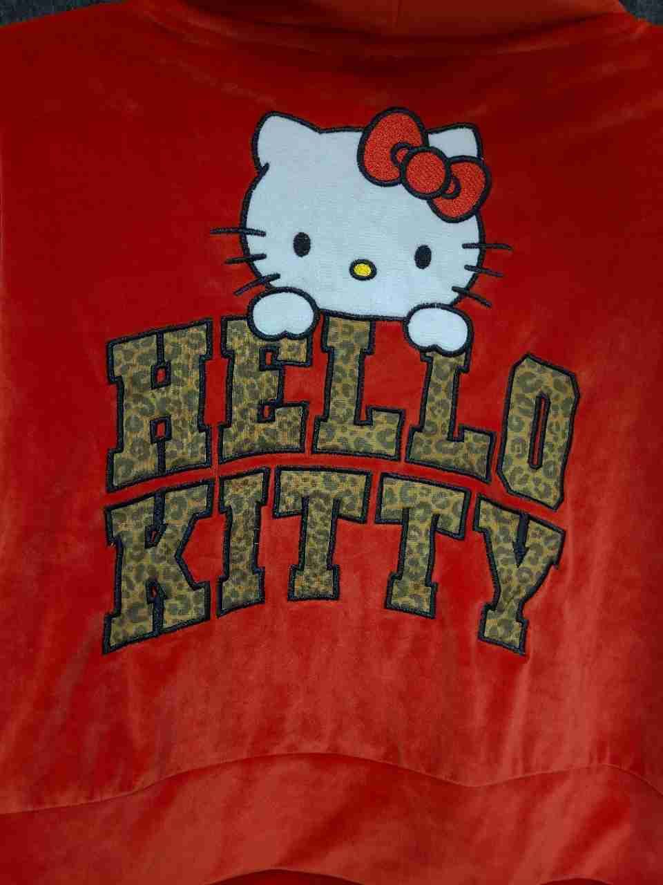 Sanrio Hello Kitty Women's Red Velour Cropped Zip Up Hoodie Leopard Print Sz SM