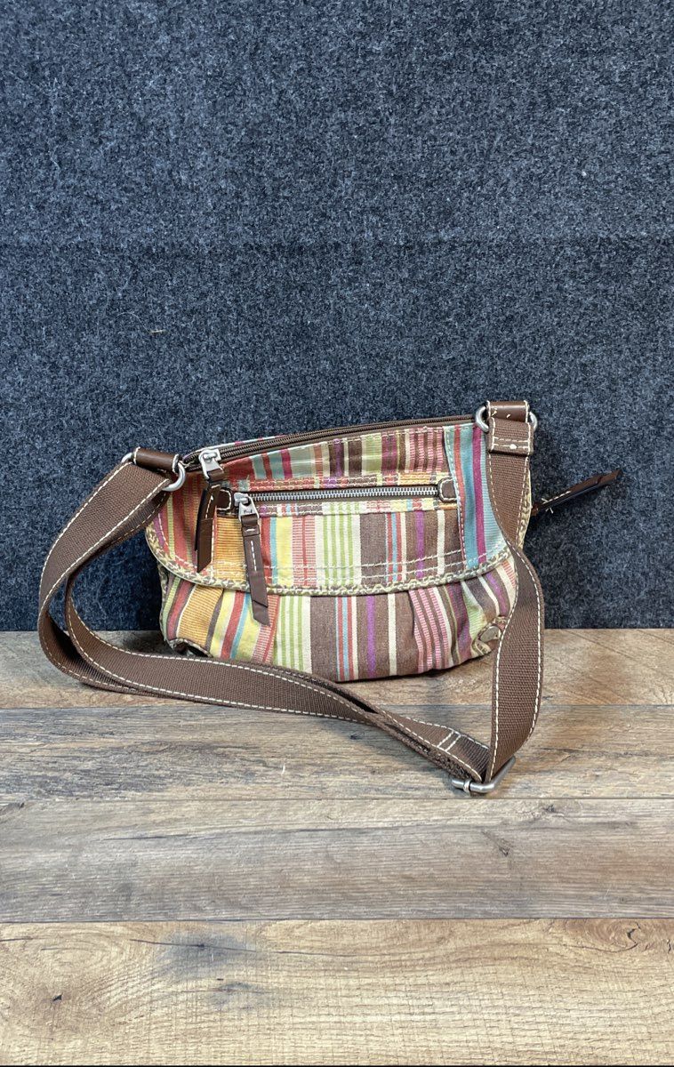 Fossil Multicolor Striped Canvas Crossbody Bag Brown Trim Medium