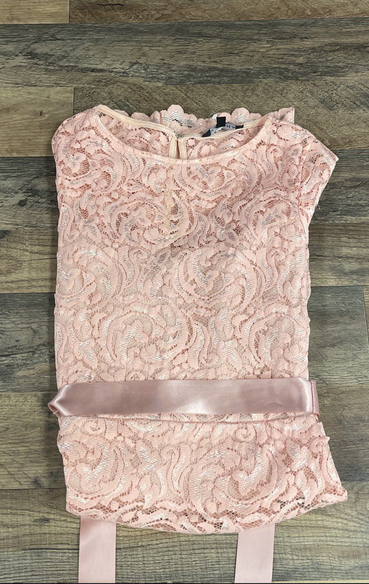 Marina Women's Peach Pink Lace Tiered Long Sleeve Sash Dress Sz 4