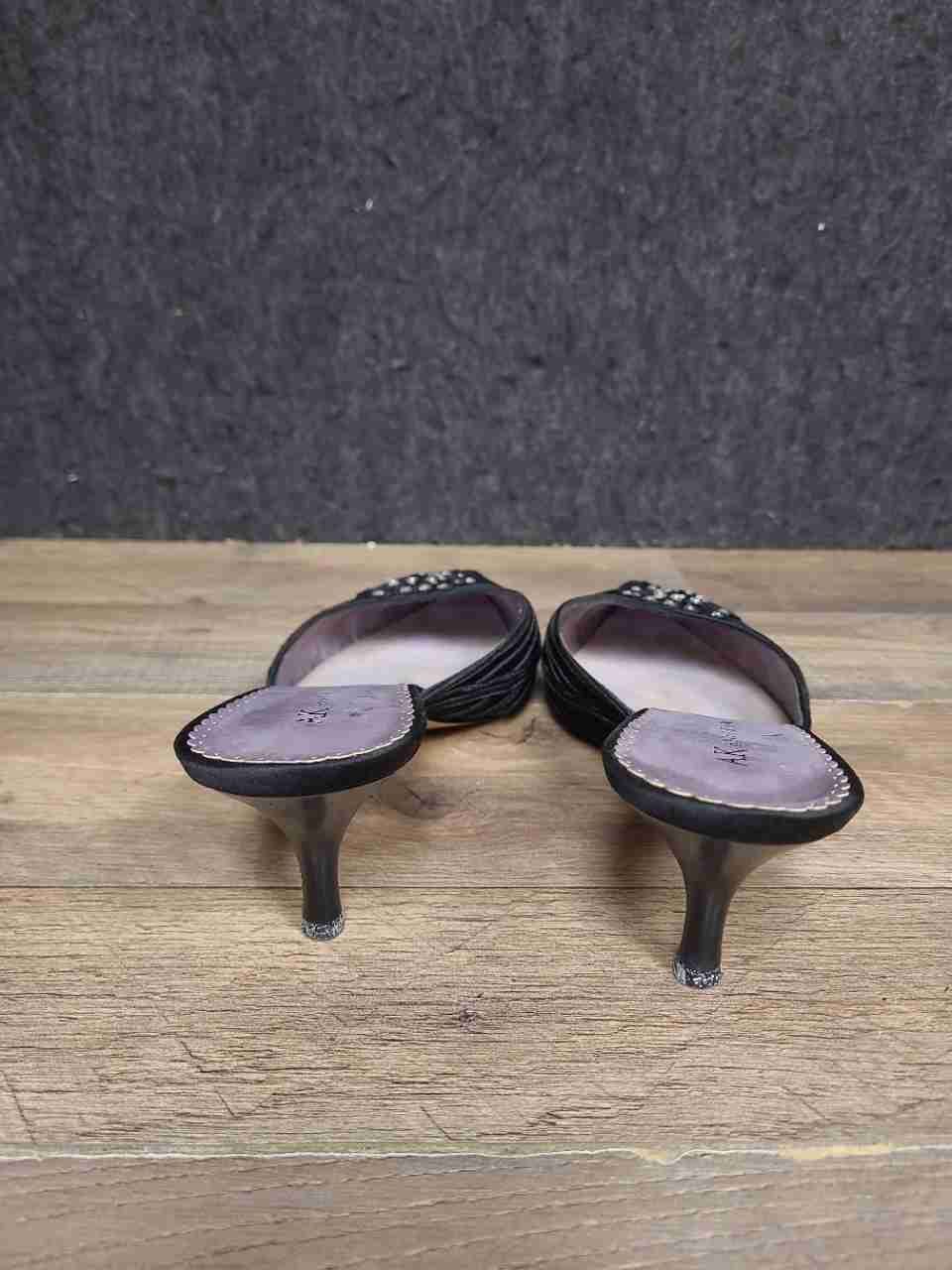 Anne Klein Maowings Black Satin Pointed Toe Kitten Heel Mules Women's Size 9