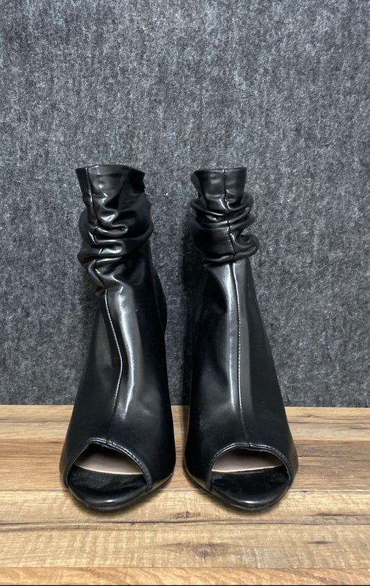 F5J Black Faux Leather Slouch Peep Toe Ankle Boots Block Heel Women's Size 9.5