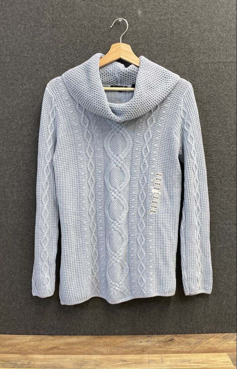 Jeanne Pierre Women's Cowl Neck Sweater Chambray Blue Cable Knit NWT Sz M