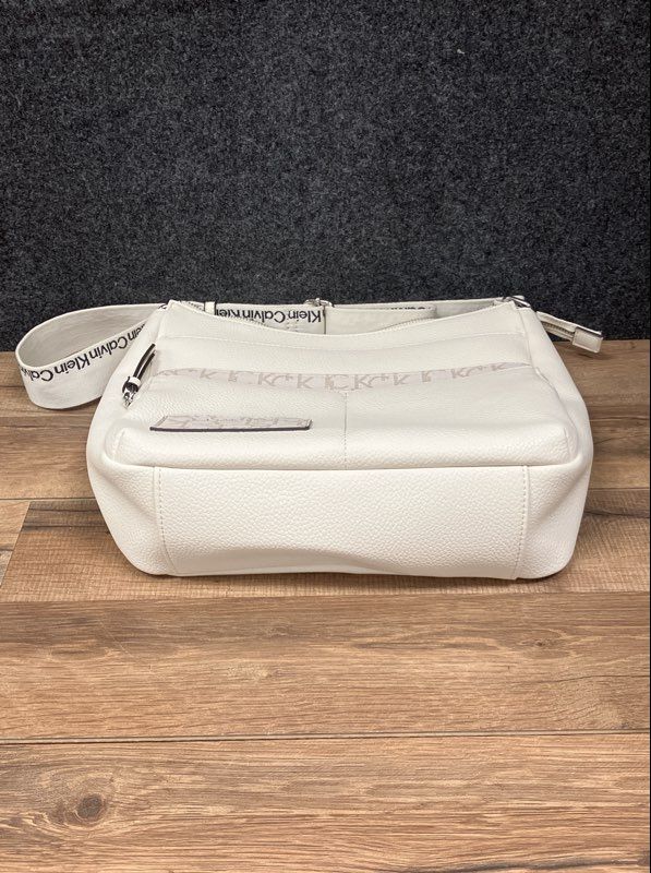 Calvin Klein Off-White Pebbled Crossbody Bag Logo Strap Monogram Trim Large