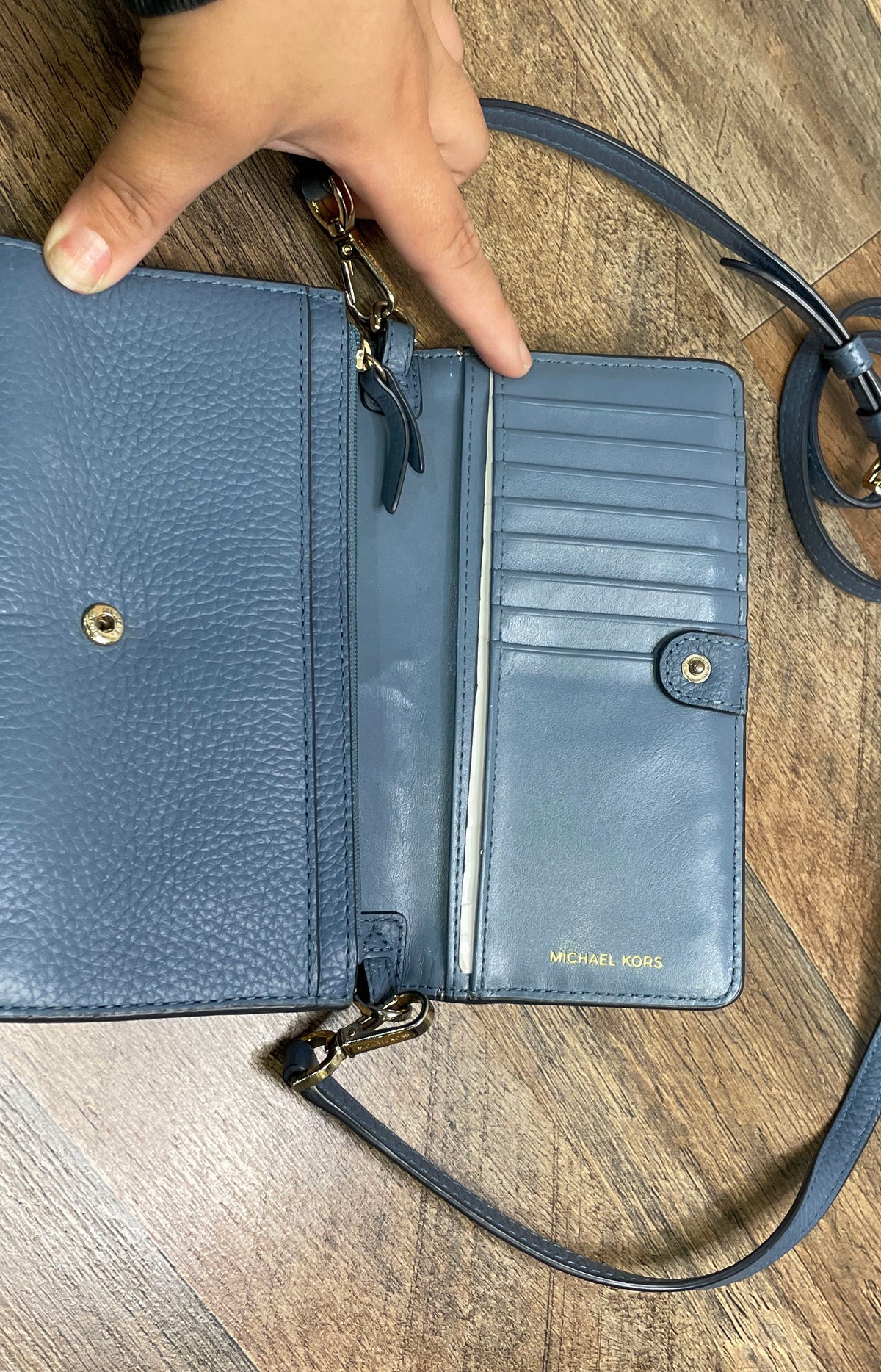 Michael Kors Blue Pebbled Leather Jet Set Phone Crossbody Wallet Bag