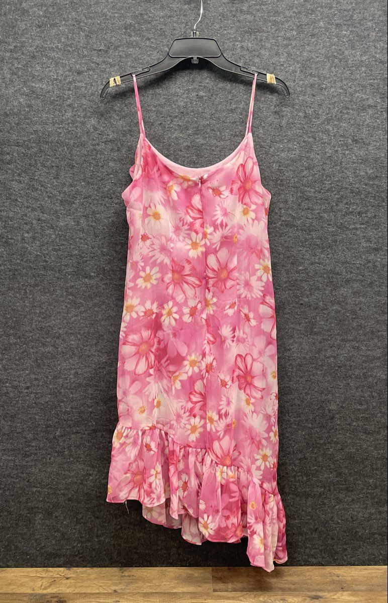 Vintage Y2K Donna Ricco Women's Pink Floral Ruffle Hem Spaghetti Strap Dress 14