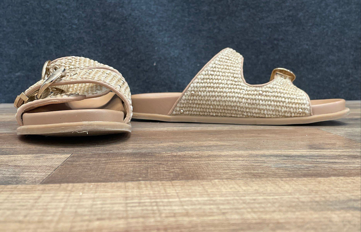 Steve Madden Tan Woven Raffia Double Buckle Studded Slides Women's Size 10M
