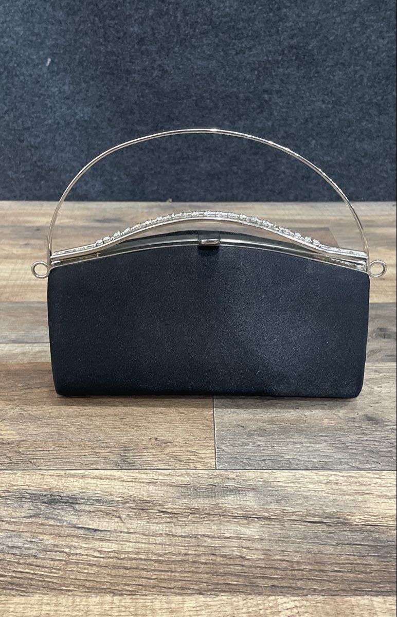 Unbranded Black Satin Evening Clutch Bag Rhinestone Trim Silver Tone Hardware