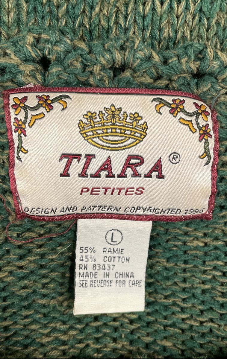 Vintage 90s Tiara Petites Women's Green Floral Knit Ramie Cotton Sweater Sz L