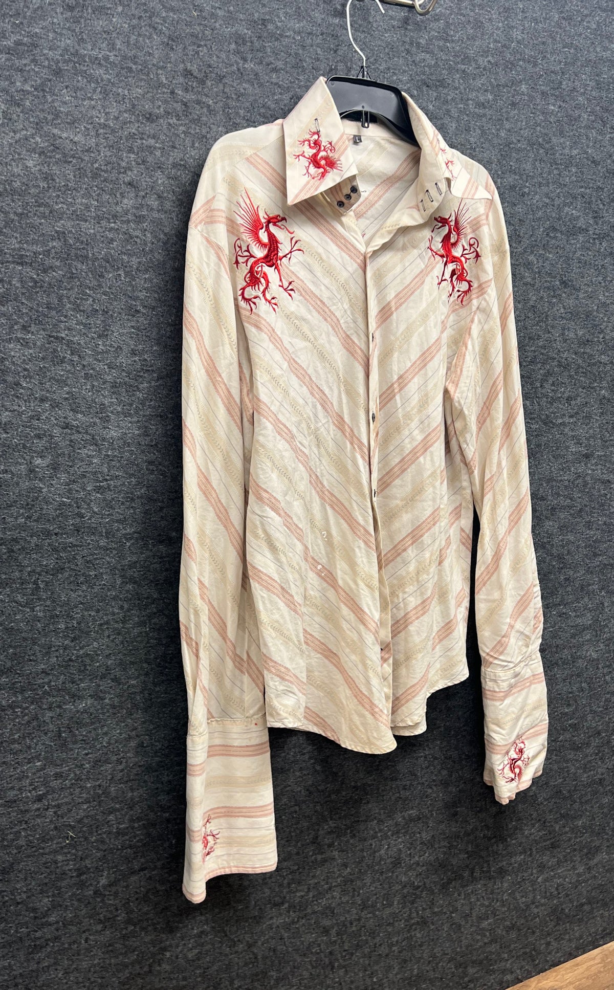 Vintage Dante Gianni Men's Red Dragon Embroidered Striped Shirt Sz L