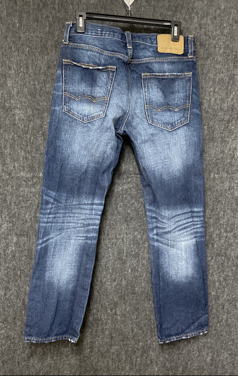 American Eagle Men's Dark Wash Distressed Faded Whiskered Cotton Jeans Sz 29x30