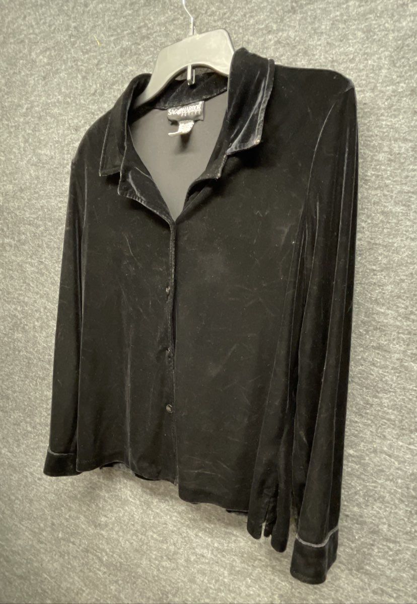 Vintage 90s Sag Harbor Petite Black Velvet Top White Pants Set Sz PM