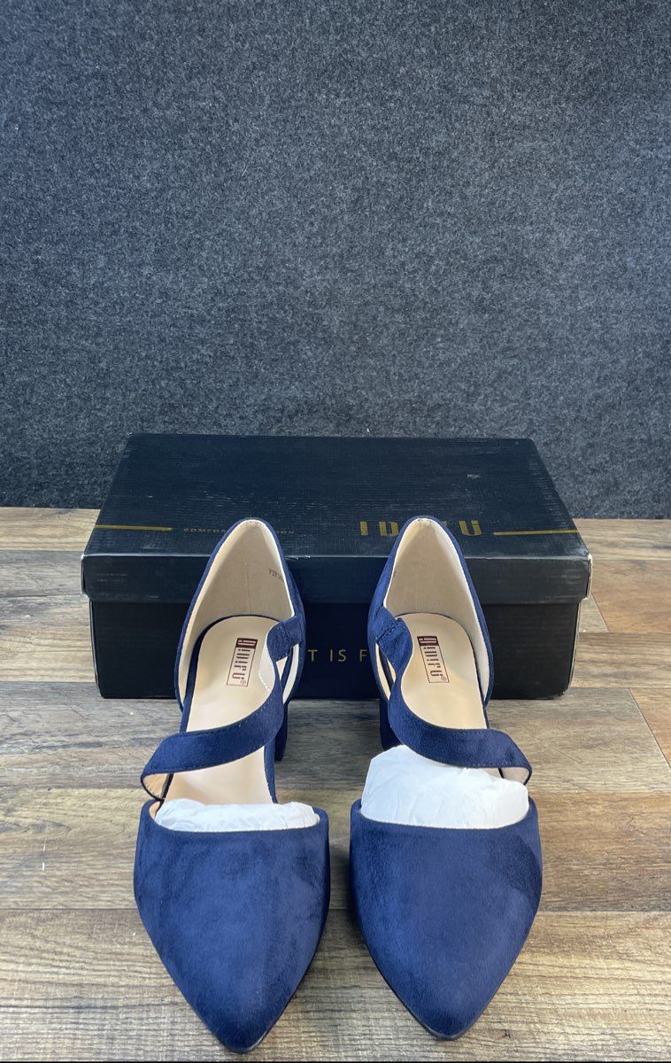 IDIFU Navy Blue Faux Suede Pointed Toe Block Heel Sandals Women's Size 12 DS