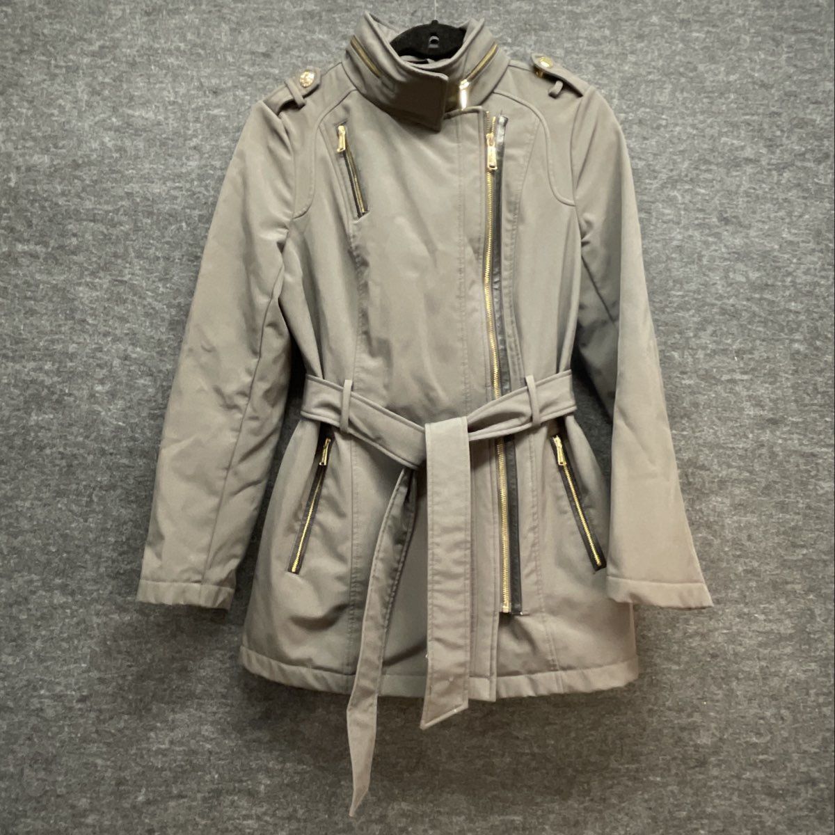 Michael Kors Women's Gray Belted Softshell Jacket Gold Hardware Hidden Hood Sz S