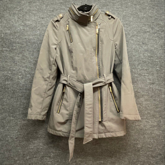 Michael Kors Women's Gray Belted Softshell Jacket Gold Hardware Hidden Hood Sz S