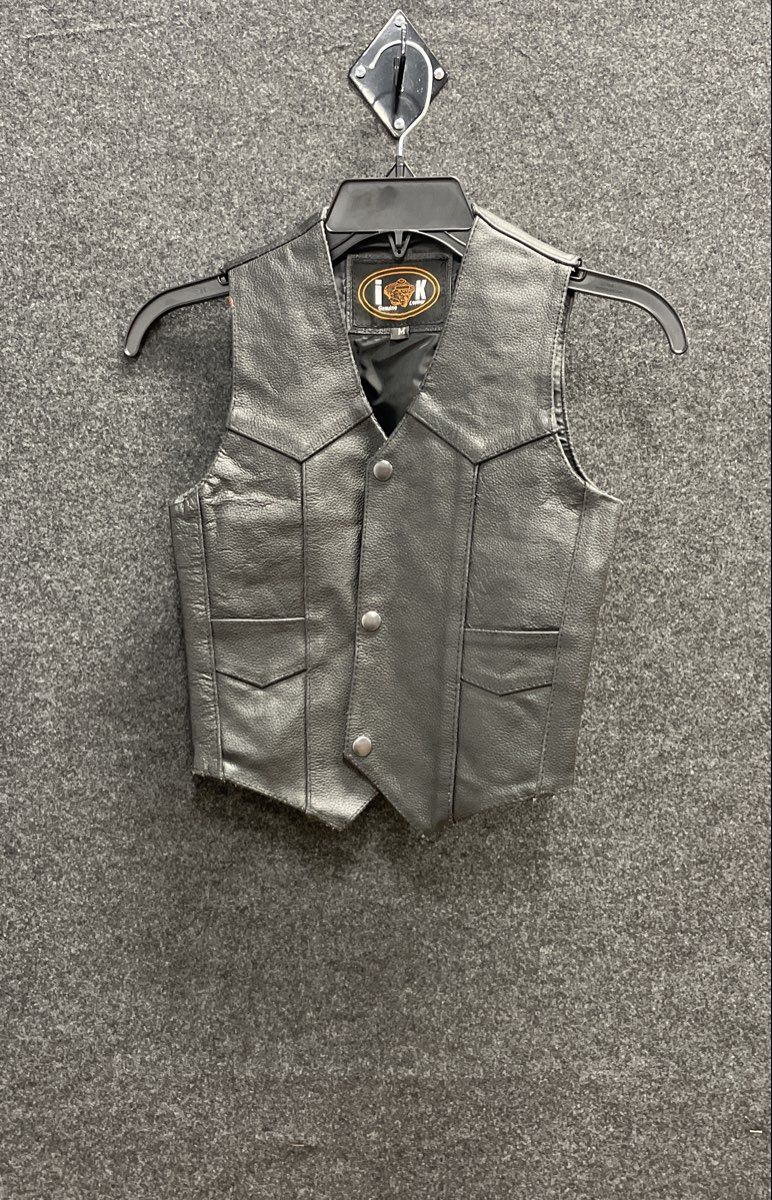 IK Men's Black Biker Motorcycle Western Snap Front Leather Vest Sz M
