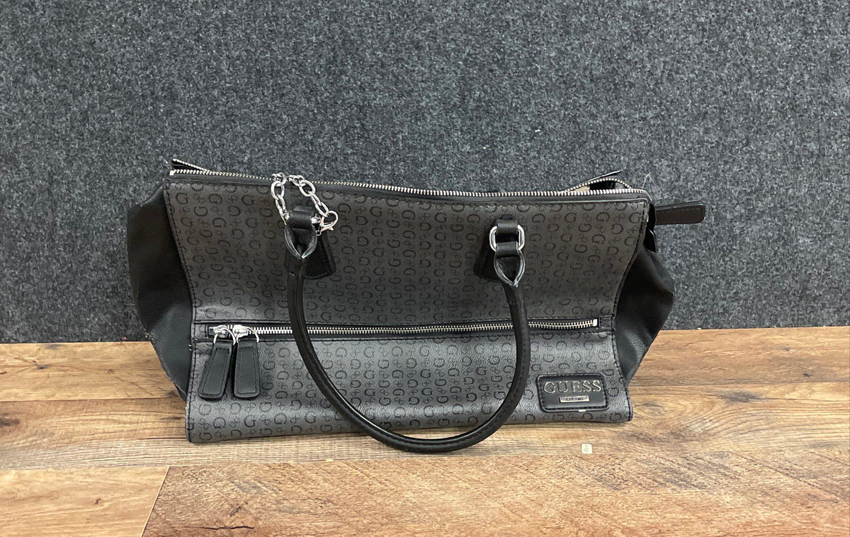 Guess Grey Black Monogram Logo Satchel Handbag Silver Hardware