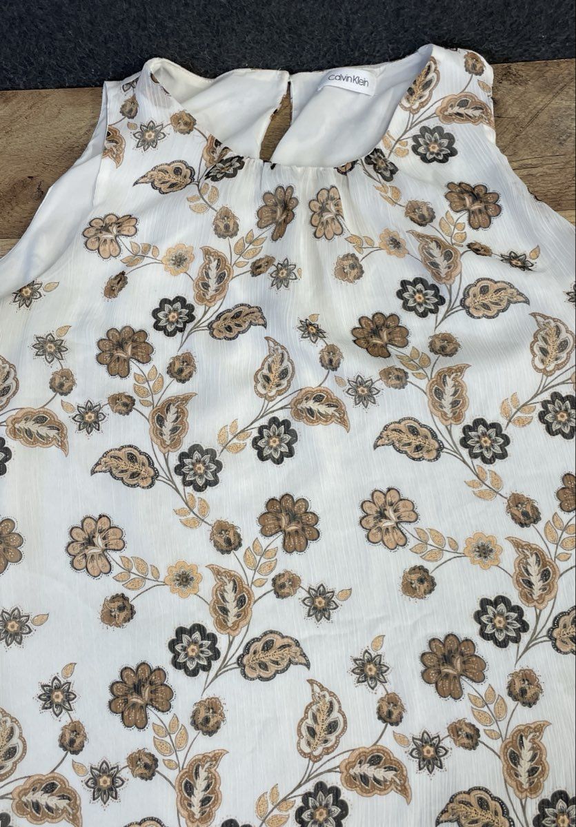 Calvin Klein Women's White Tan Floral Sleeveless Keyhole Lined Blouse Top