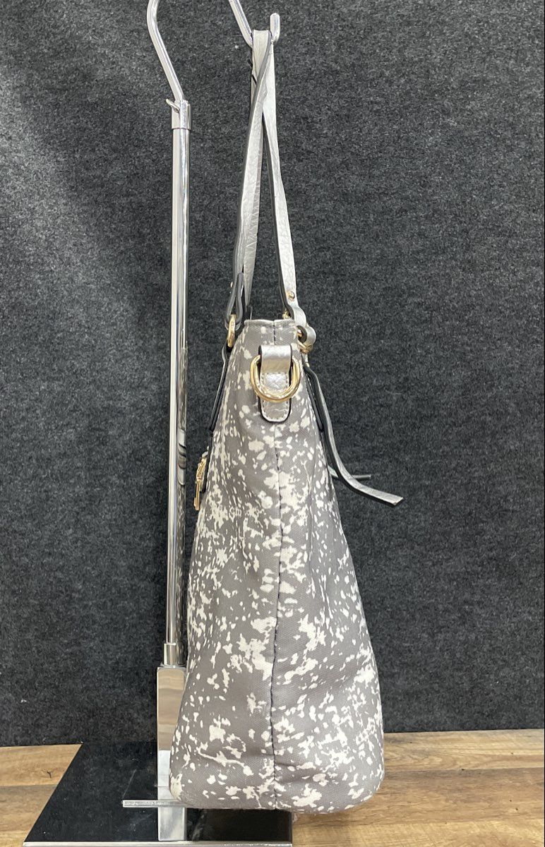 Grey White Abstract Print Fabric Tote Bag Large Metallic Silver Trim