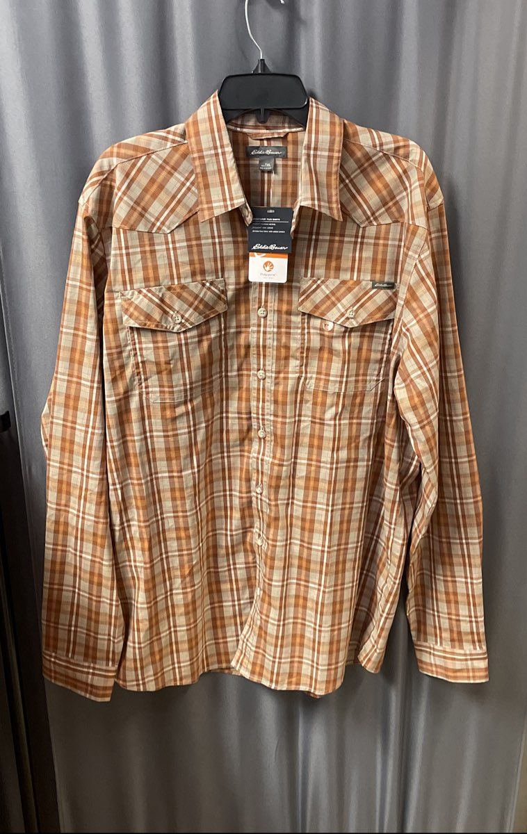 Eddie Bauer Men's Adventurer Flex Shirt Rust Brown Plaid Western Yoke NWT TXL