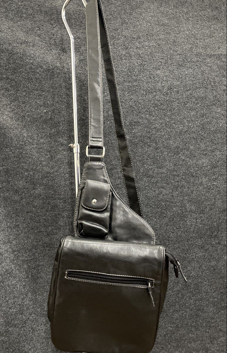 Black Leather Asymmetrical Sling Crossbody Bag Satchel Silver Hardware