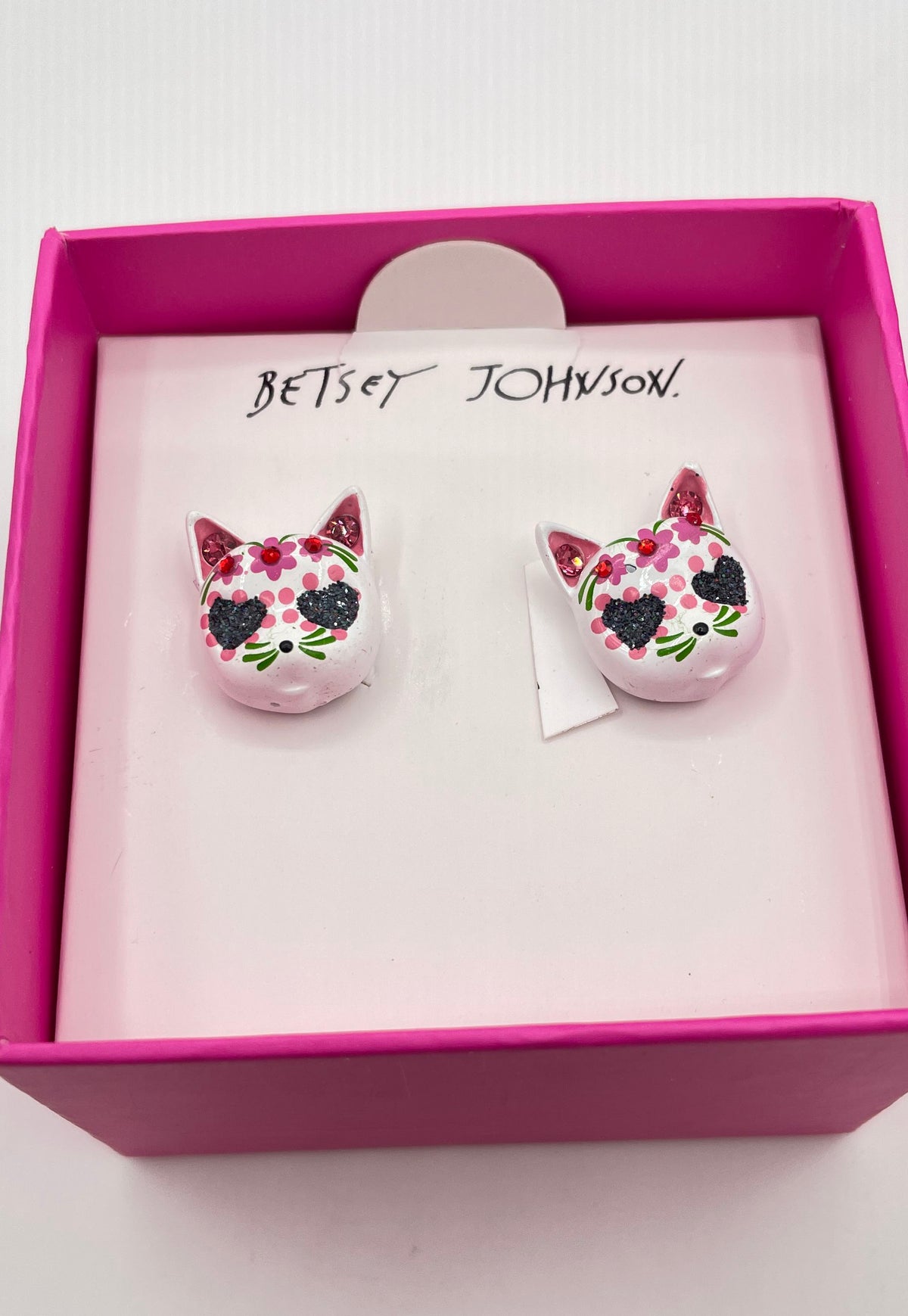 Betsey Johnson Dia De Los Muertos Sugar Skull Cat Stud Earrings In Box 9.7g